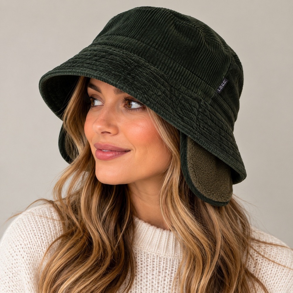 H&M L.O.G.G. Green Corduroy Ear Flap Bucket Hat 158/164 Quilted Lined